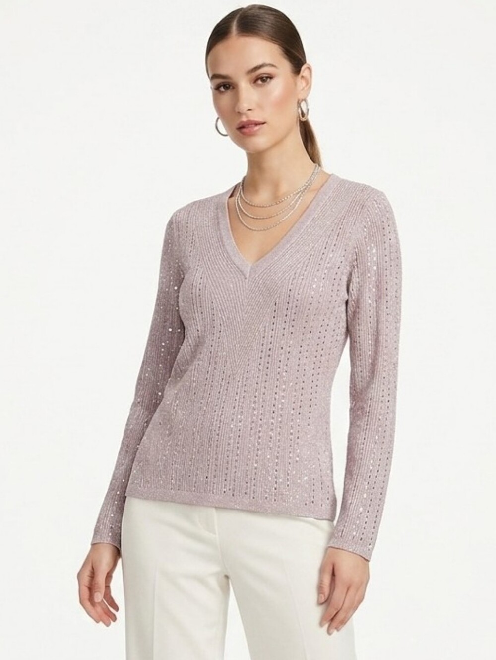 INC International Concepts Dusty Pink Metallic Thread V-Neck Sweater